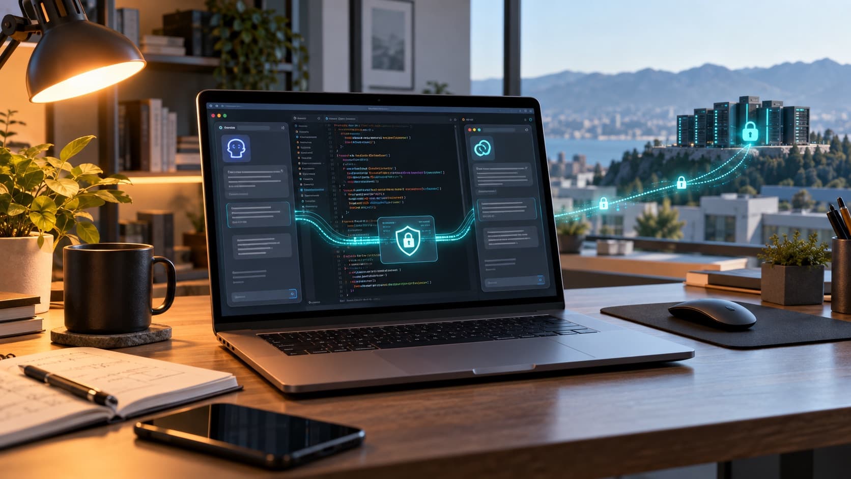 A developer laptop connects to a remote model through a local client