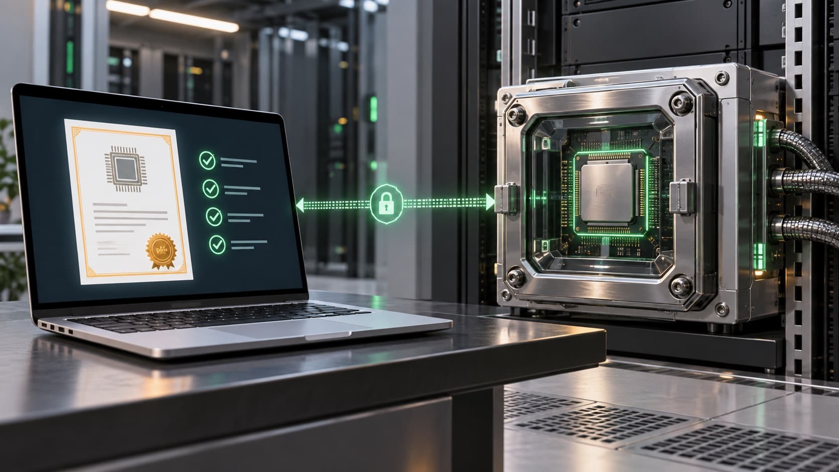A laptop verifies a connection to a protected compute module